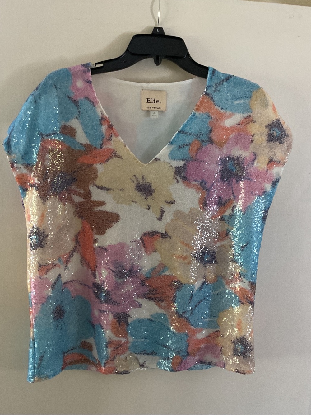 Elie Tahari Multicolor Sequin Floral V-Neck Top - Blue, Pink, Cream, Orange